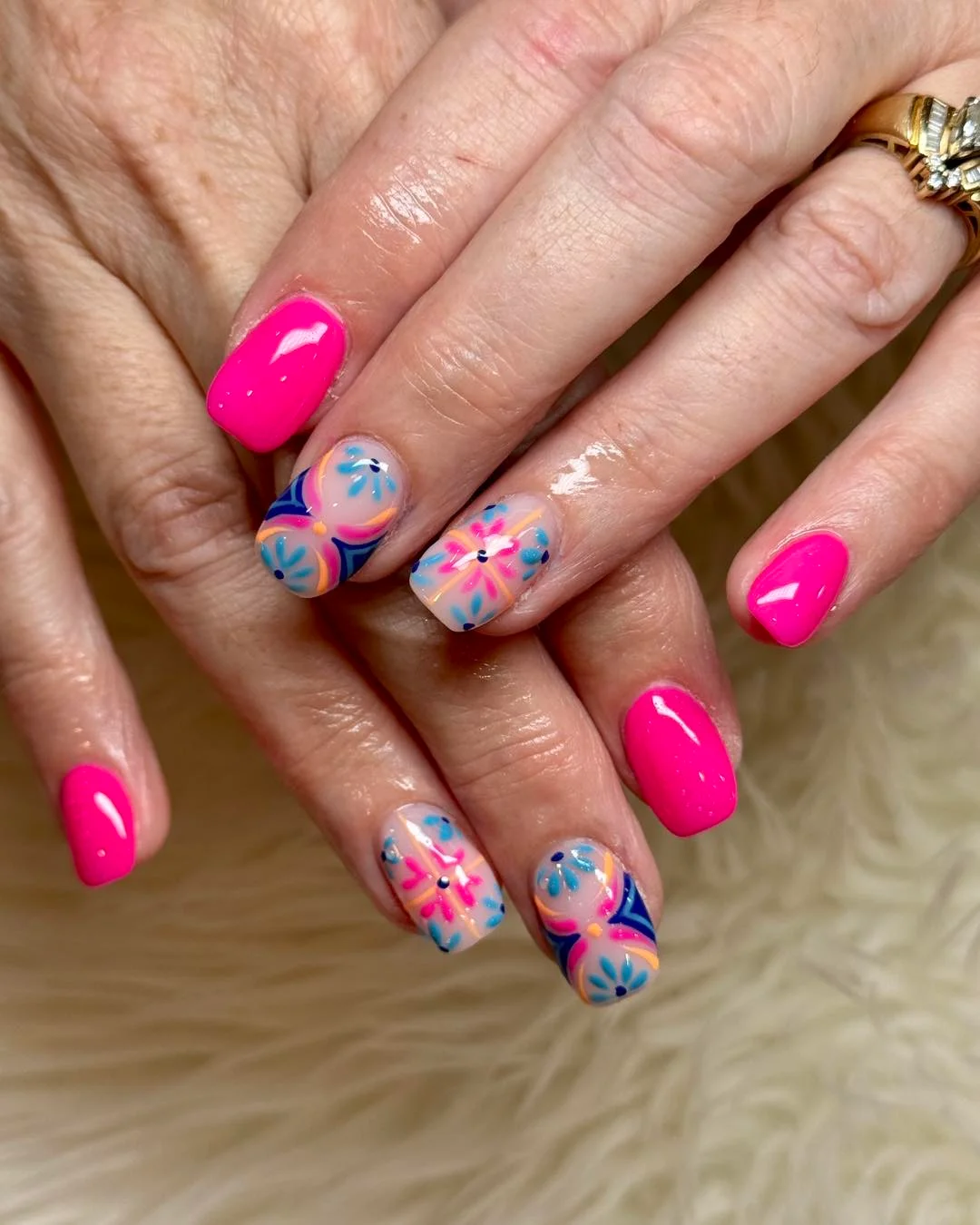 summer nails design 2026 Neon Pink Folk Art Floral Short Nails