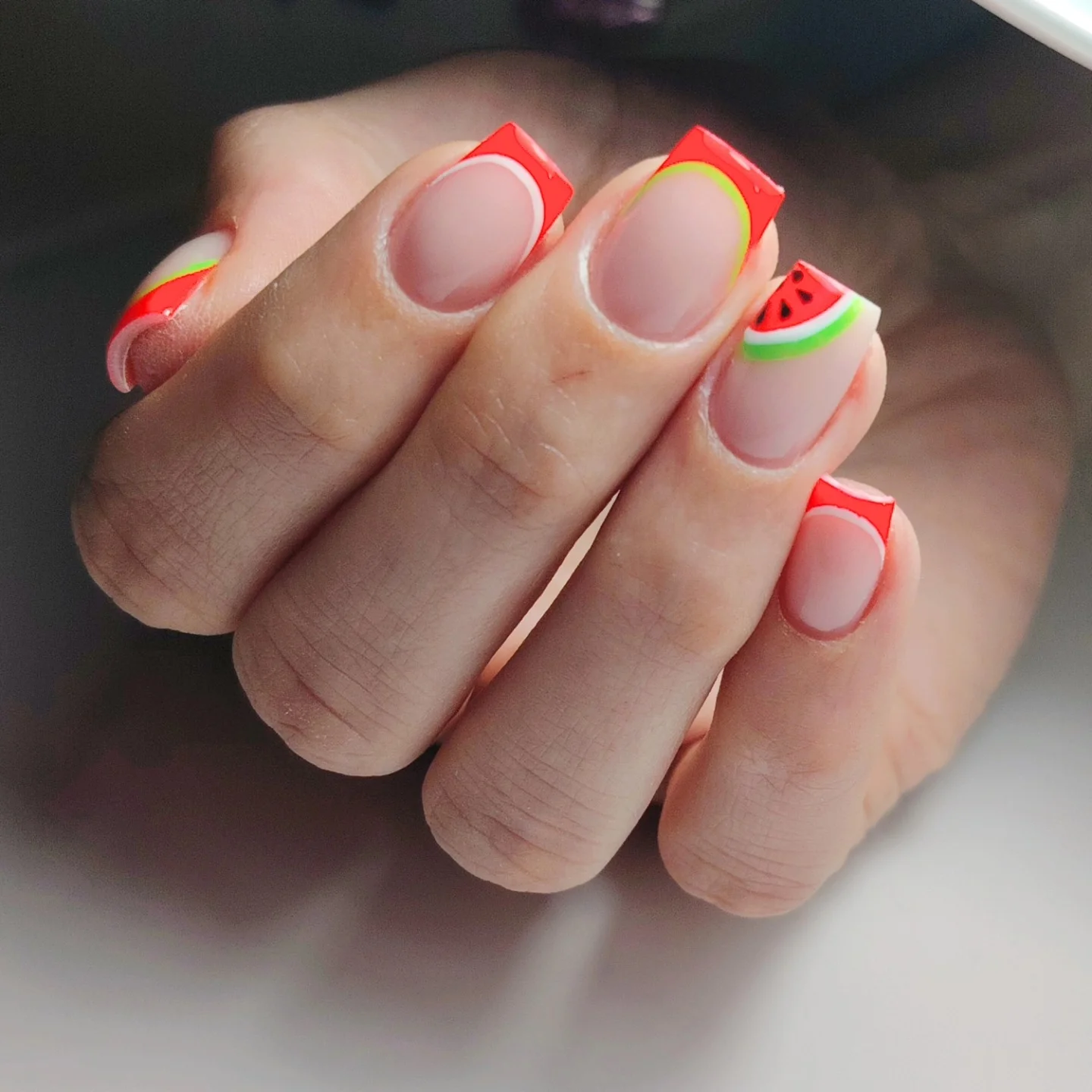 summer nails watermelon 2026 Minimal Coral Watermelon French For Short Square Nails