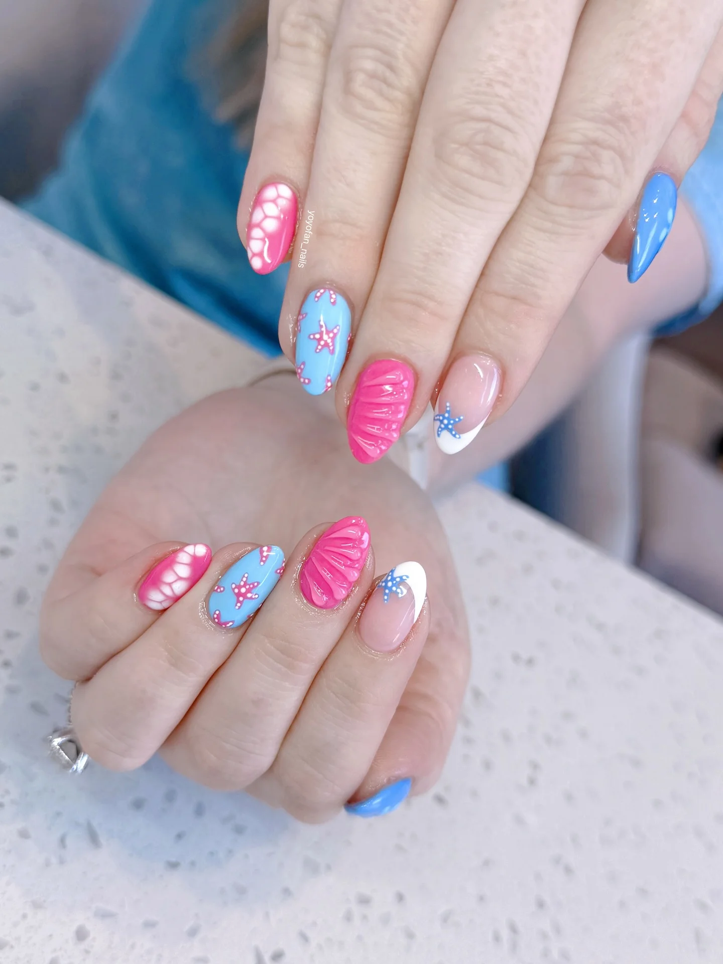 summer vacation nails 2026 Playful Pink And Blue Coastal Nail Art