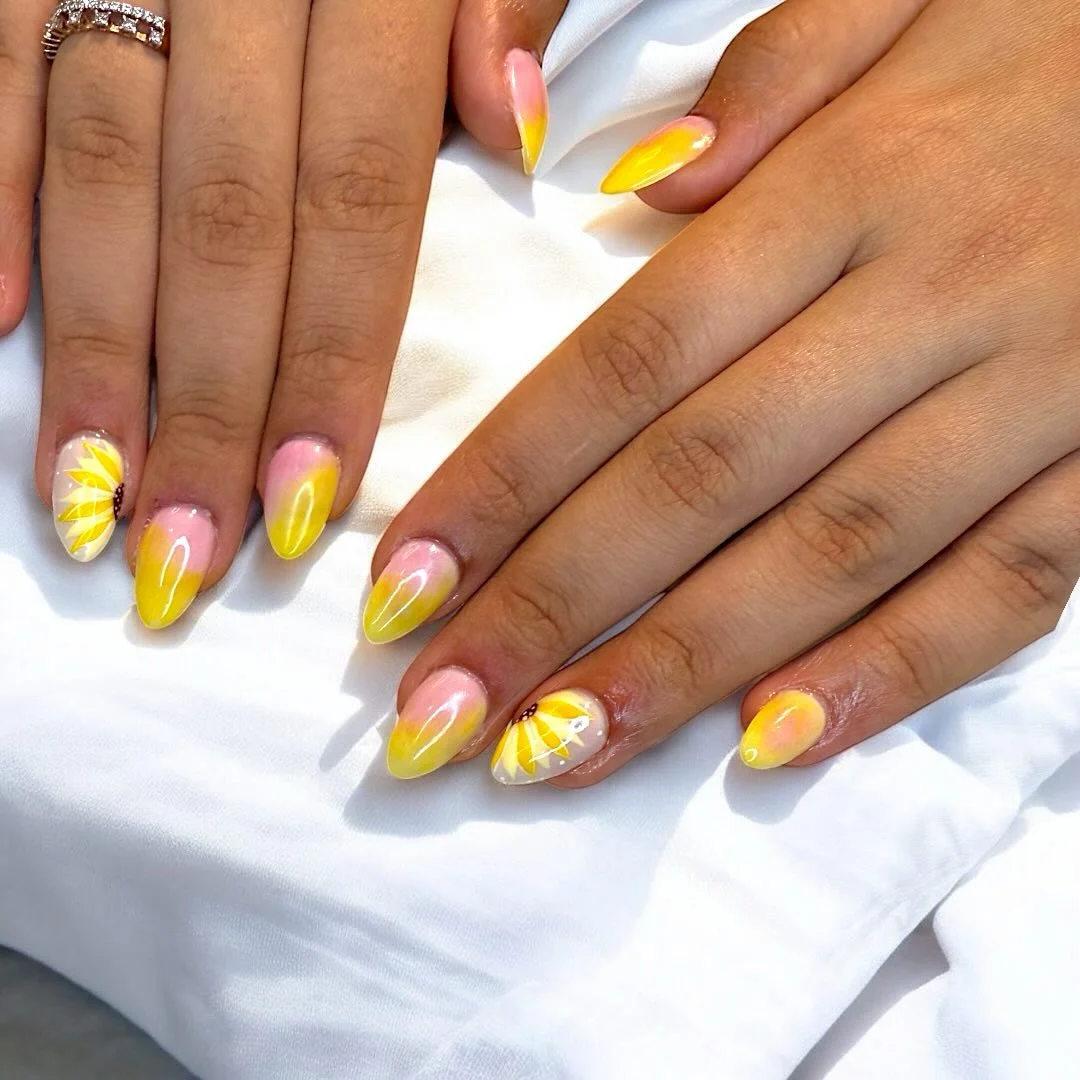summer vibrant nails 2026 Soft Lemonade Ombre Nails With Sunflower Details