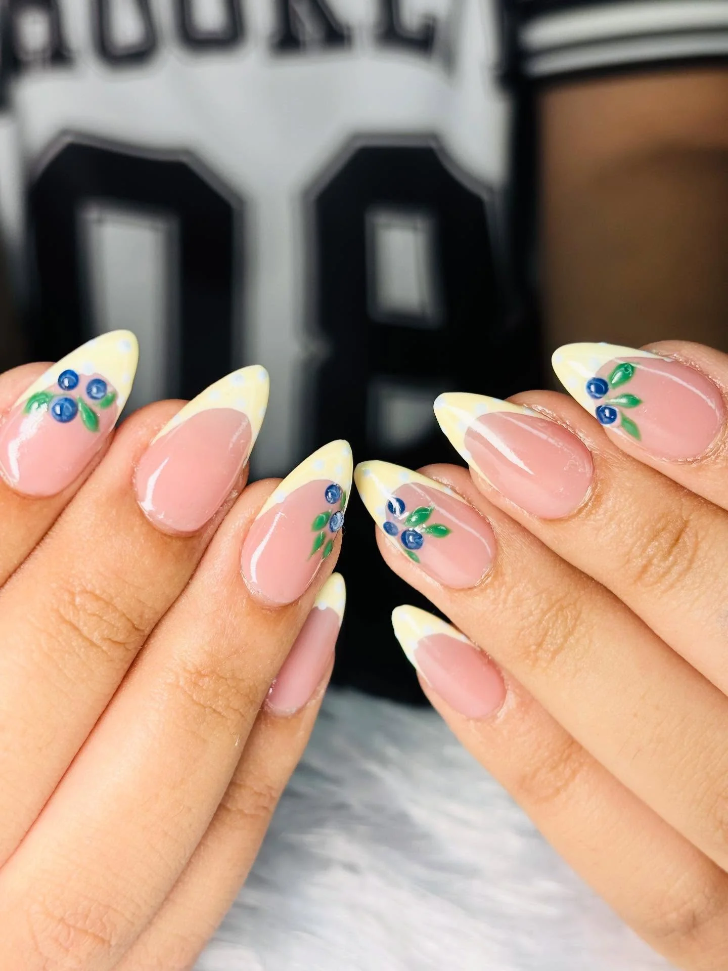 trendy summer nails 2026 Soft Blueberry French Tips With Delicate Cottagecore Details