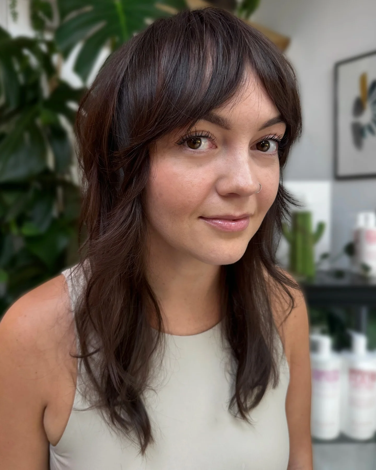 cool summer shag haircut 2026 Soft Layered Brunette Shag With Feathered Bangs