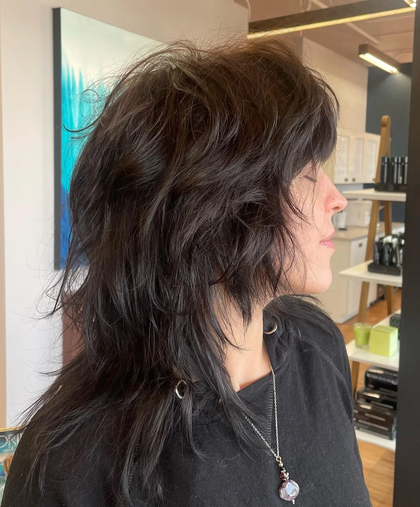 edgy summer shag hairstyle 2026 Midnight Volumized Wolf Shag With Rocker Texture
