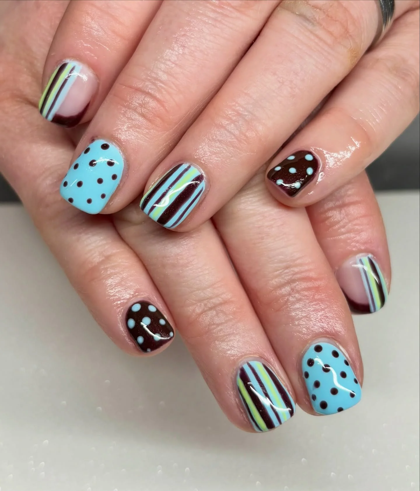 funky summer nails 2026 Retro Dots And Mint Stripes For Playful Short Nails