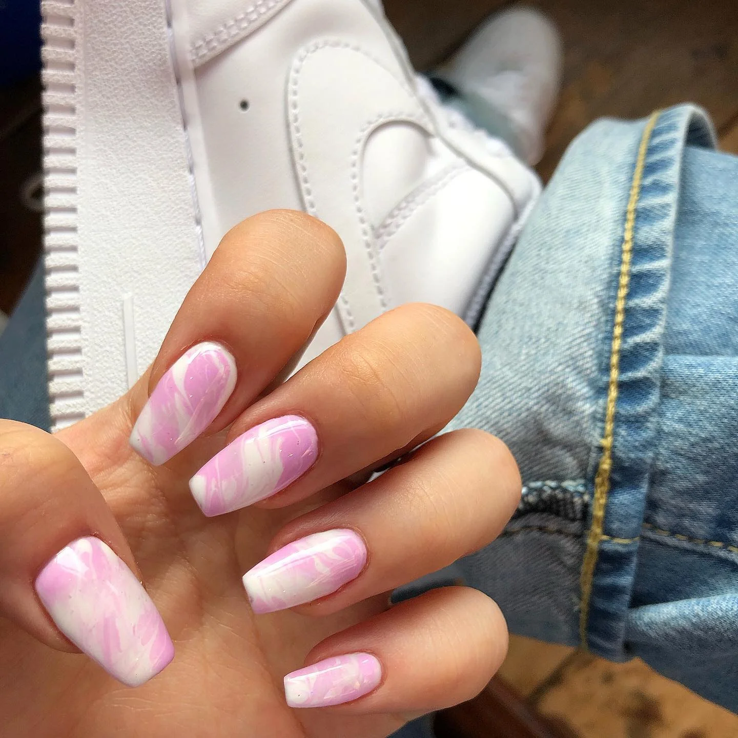 June Nails Ideas 2026 - Summer Trends 2026 Pink Marble Coffin Nails With A Soft Cloudy Finish