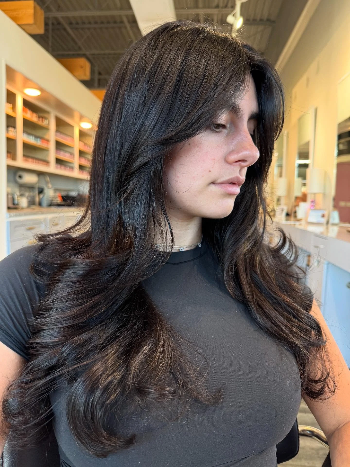 modern summer espresso brunette hair color 2026 Velvety Espresso Layers With Airy Curtain Volume