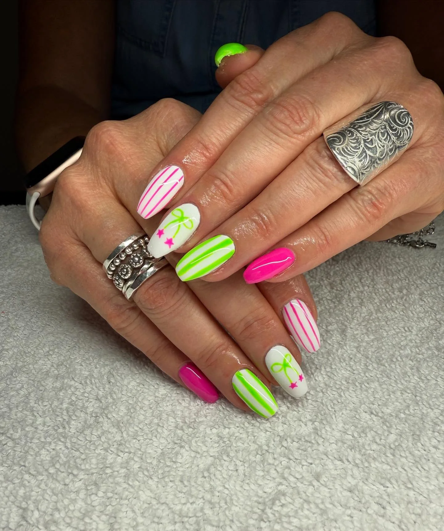 neon summer nails 2026 Retro Neon Ribbon Nails With Playful Y2K Energy
