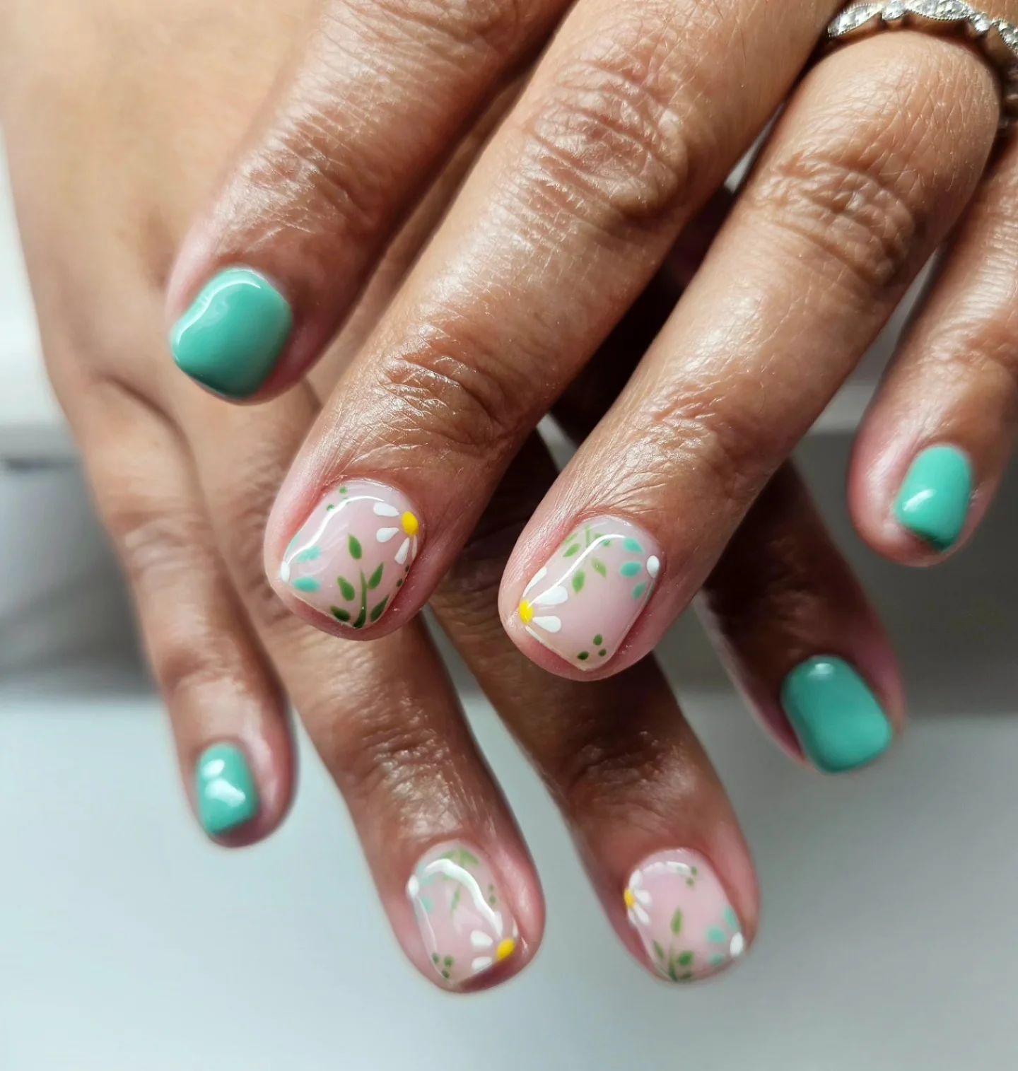 short gel nails summer 2026 Mint Botanical Nails With Delicate Wildflower Details
