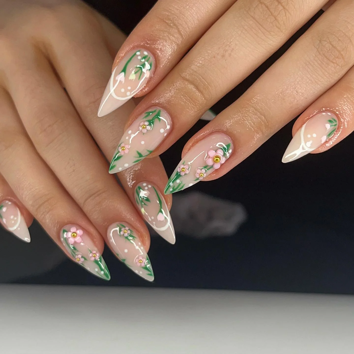 summer flower nails 2026 Elegant White Floral Stiletto Nails With Delicate Pink Blossoms