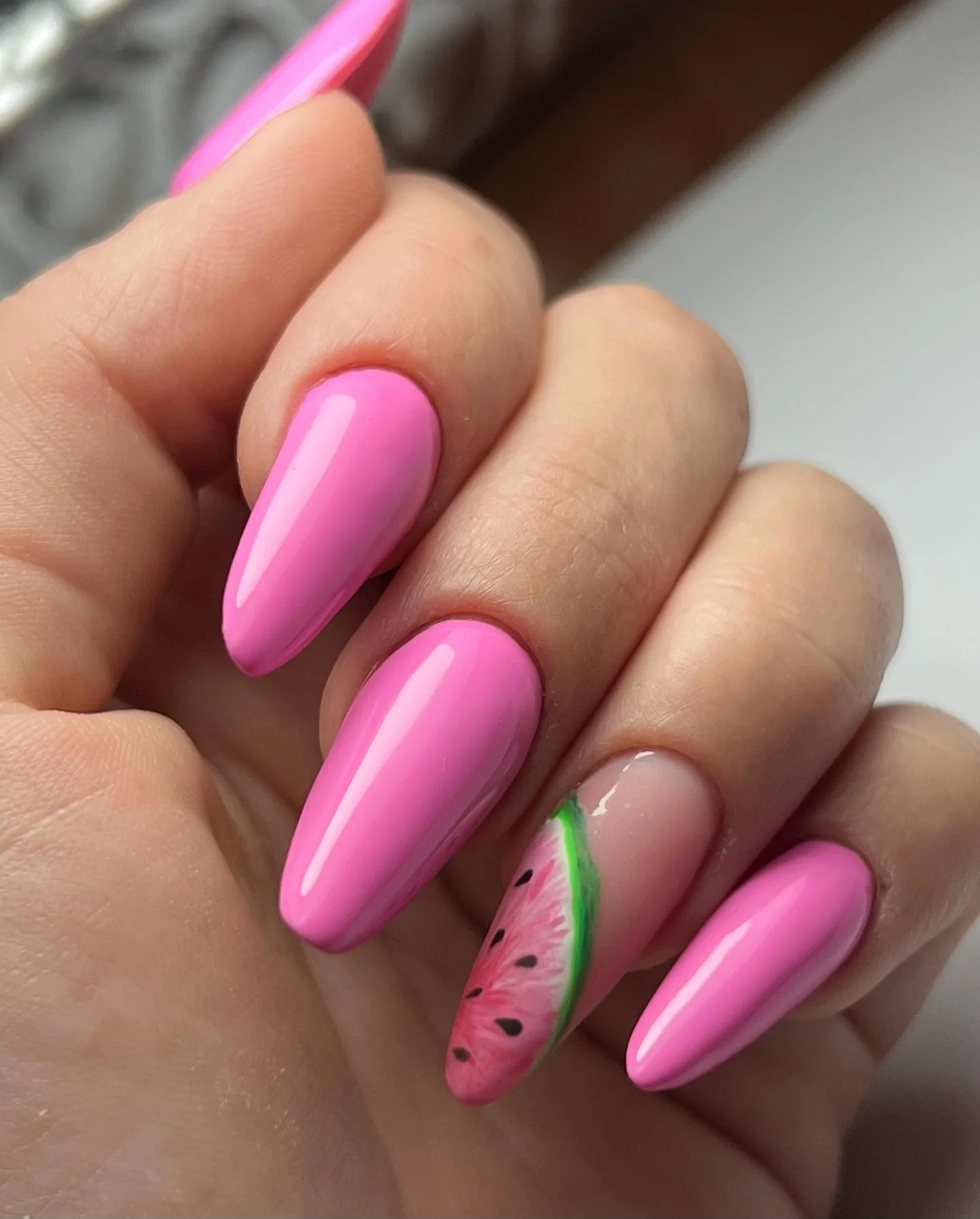 summer nails watermelon 2026 Bubblegum Pink Watermelon Accent Nails With A Soft Gloss Finish