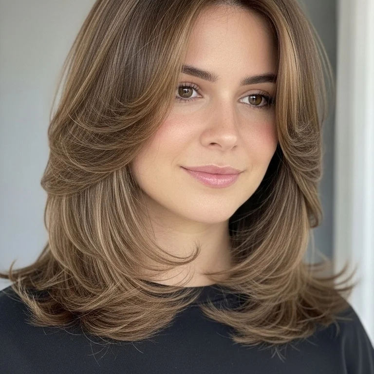 light summer haircuts for medium hair 2026 Feathered Brunette Layers With Polished Movement
