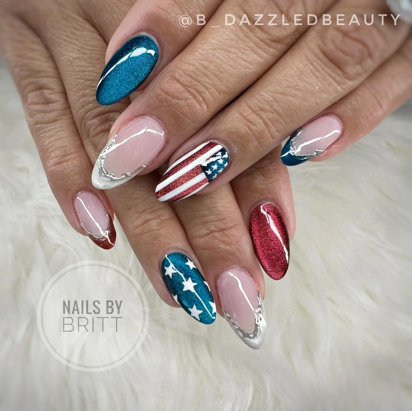 patriotic nails 2026 Glitter Americana Almond Nails With Metallic French Tips