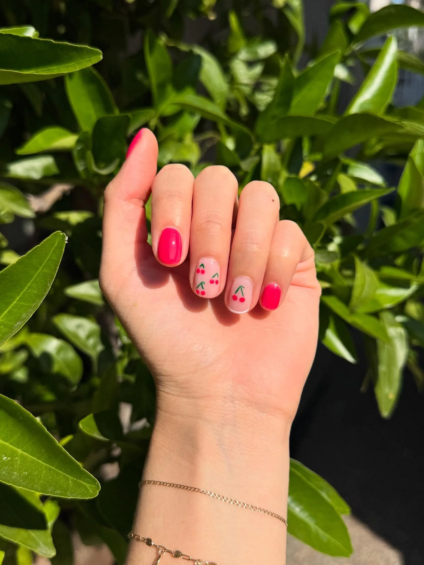 short gel nails summer 2026 Glossy Cherry Pink Nails With Retro Fruit Art