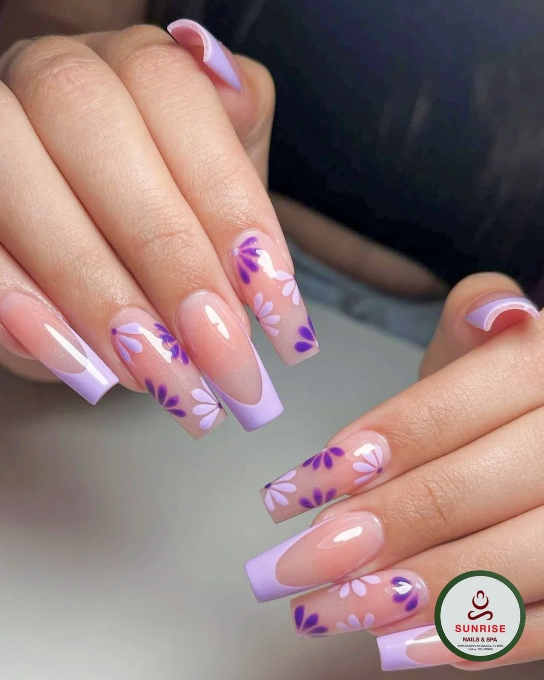 summer acrylic nails 2026 Lavender Floral French Nails With Delicate Botanical Details