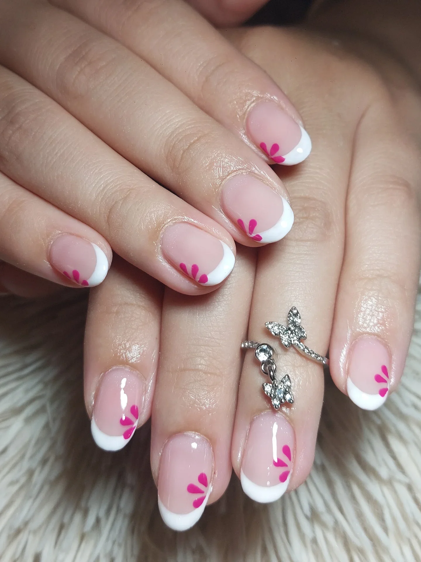 summer french tip nails 2026 Soft White French Tips With Tiny Pink Petals