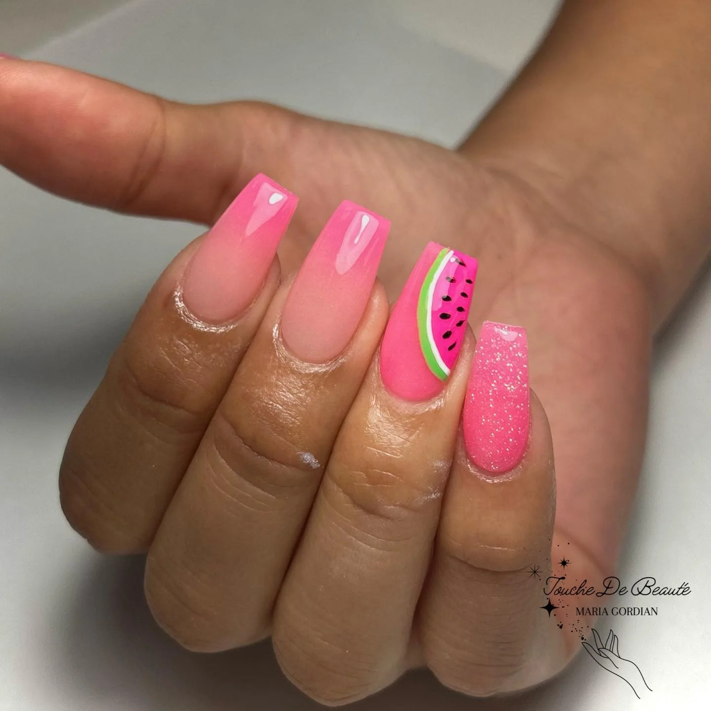 summer glitter nails 2026 Watermelon Pink Square Nails With Playful Glitter Accents