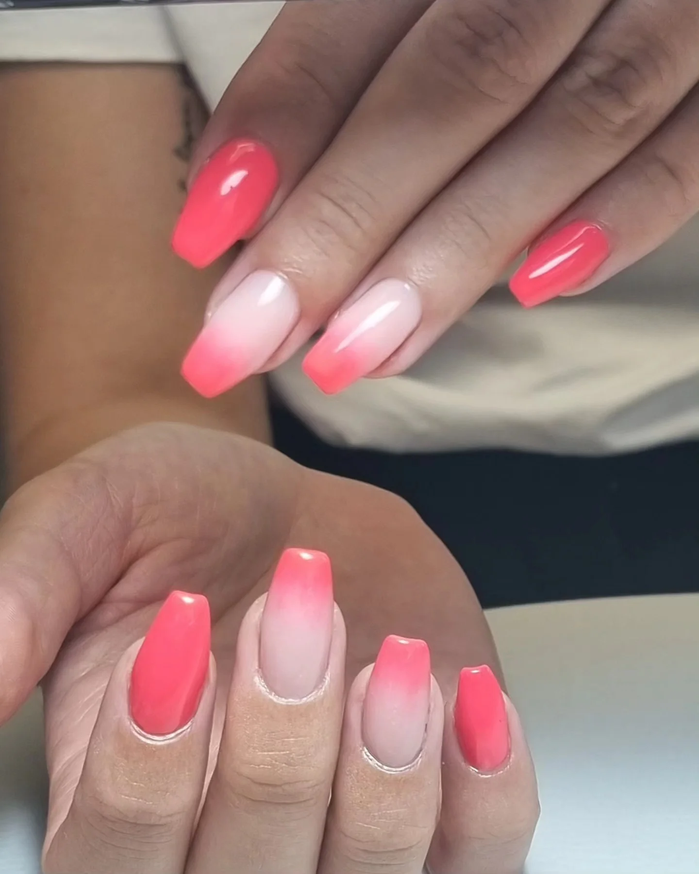 summer nails ballerina shape 2026 Soft Neon Coral Ombre For Hot Summer Evenings