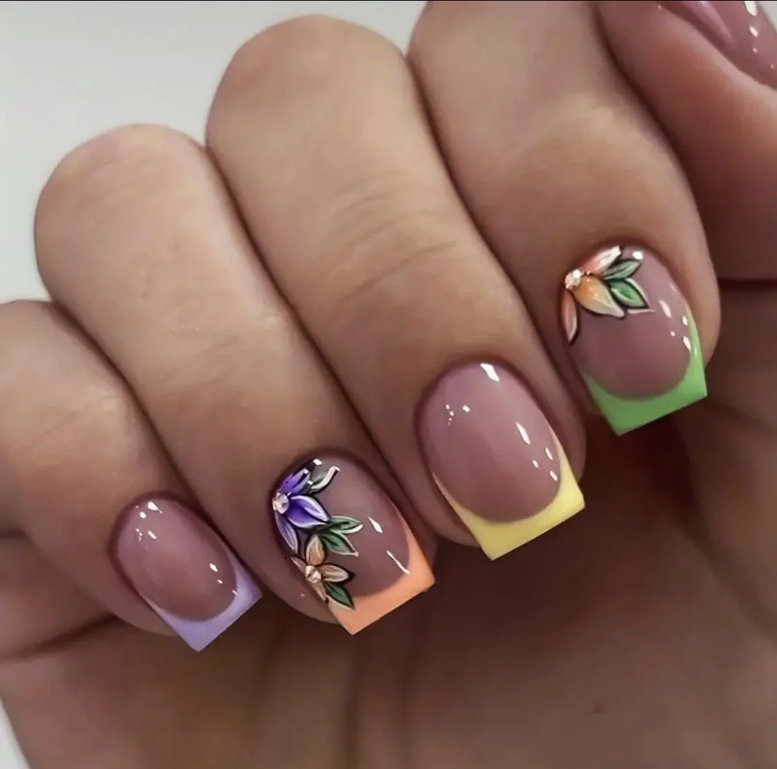 summer nails design 2026 Pastel Floral French Square Nails