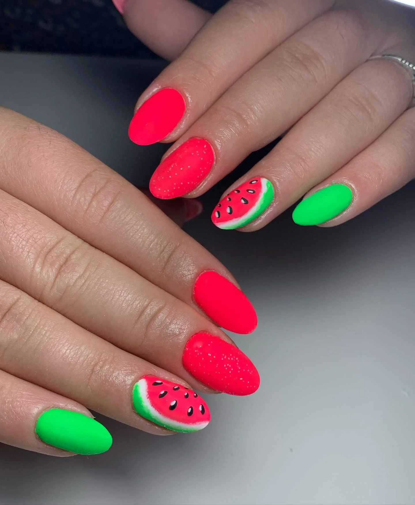 summer nails watermelon 2026 Neon Watermelon And Kiwi Nails With Matte Summer Energy