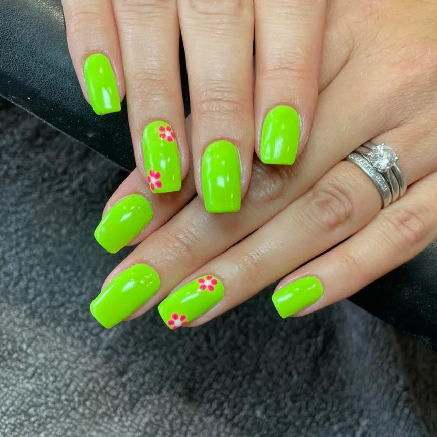 summer vibrant nails 2026 Neon Lime Glossy Nails With Tiny Flower Accents