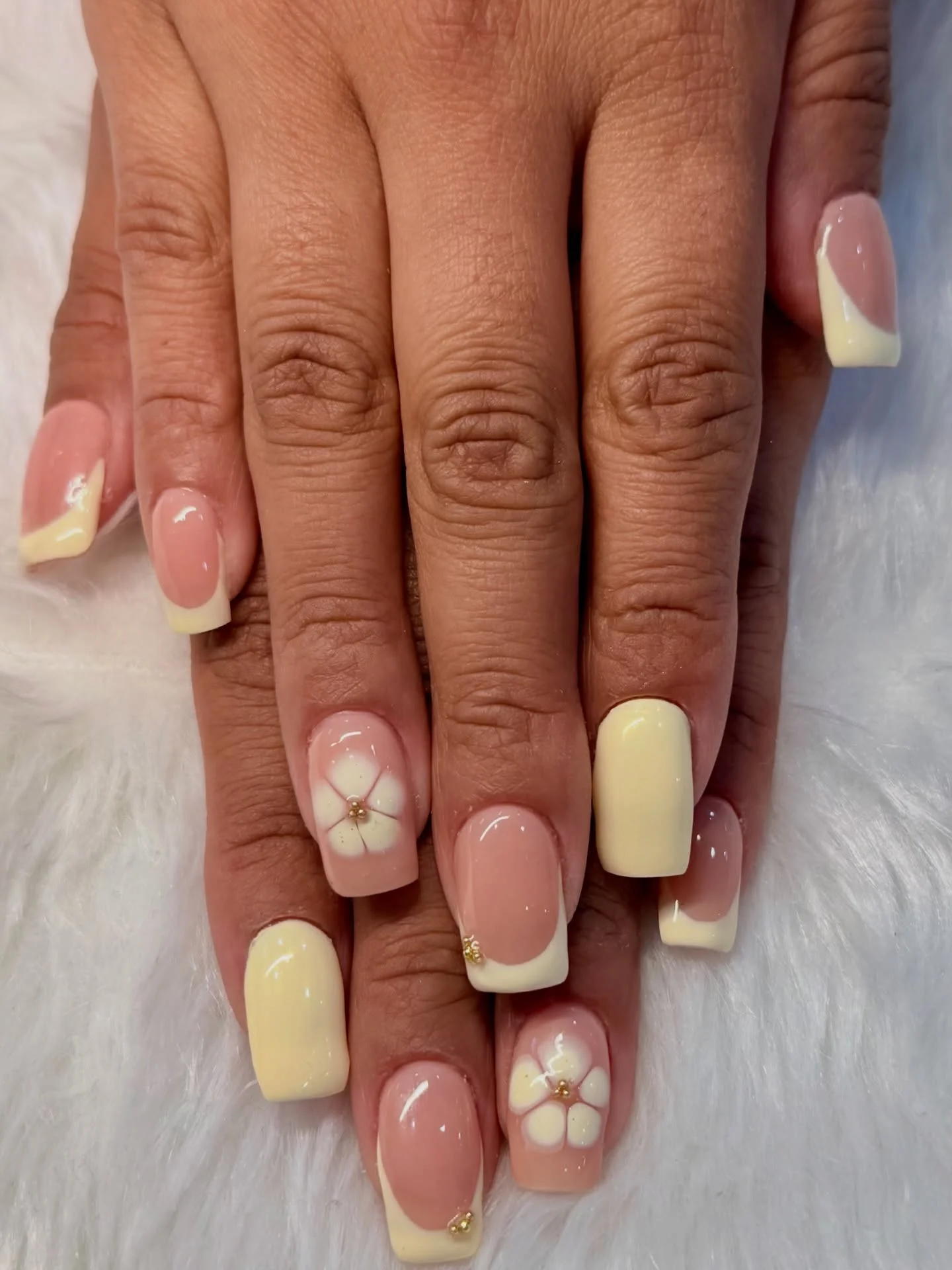 summer yellow nails 2026 Buttercream Floral French Nails With Delicate Gold Details