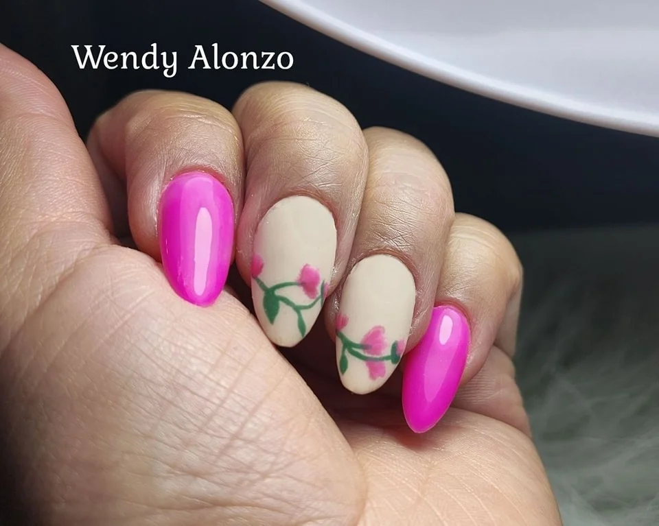 trendy summer nails 2026 Hot Pink Blossom Nails With Romantic Floral Art