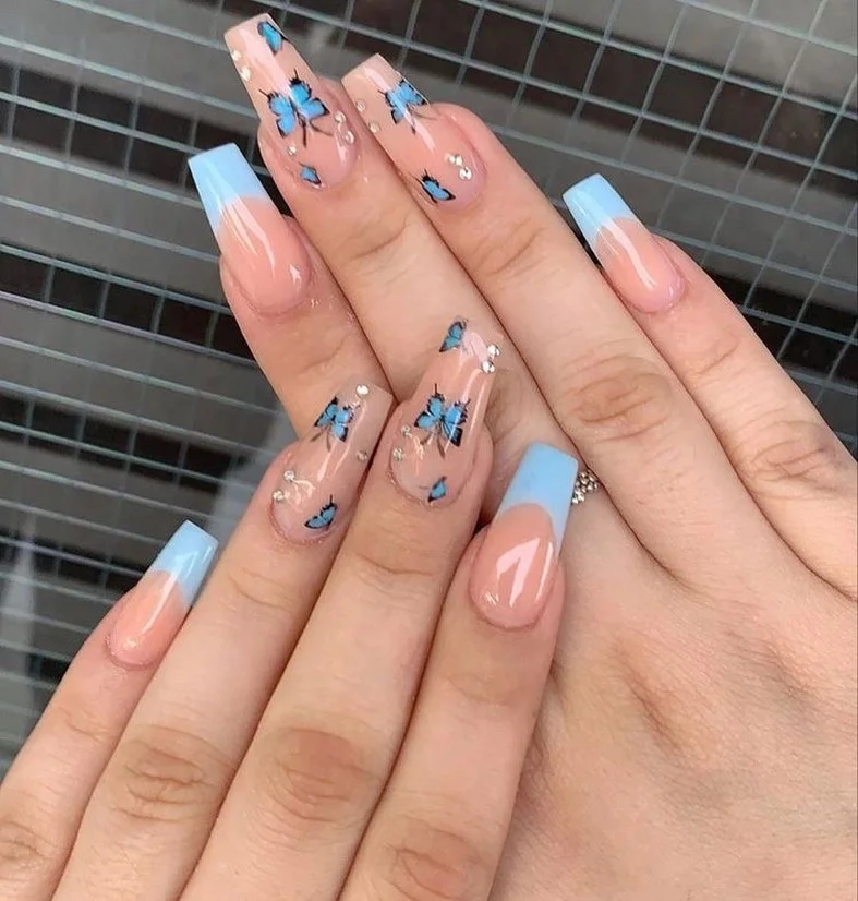 light blue summer nails 2026 Butterfly French Tip Coffin Nails With Glossy Nude Base