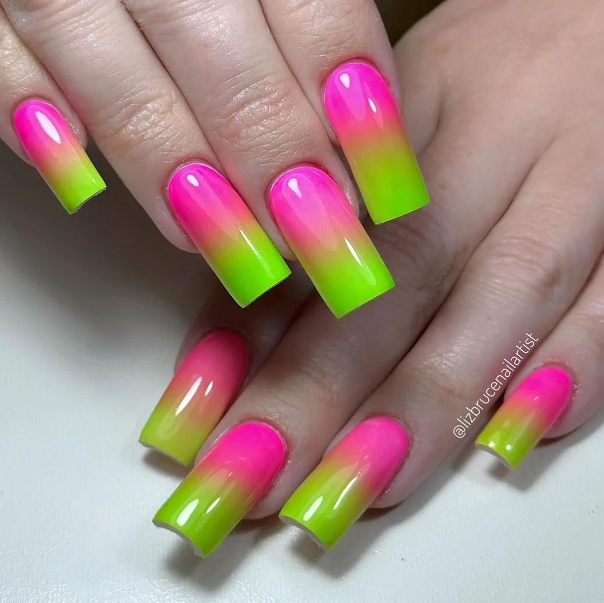 neon summer nails 2026 Pink And Lime Ombre Nails With Glossy Acrylic Perfection