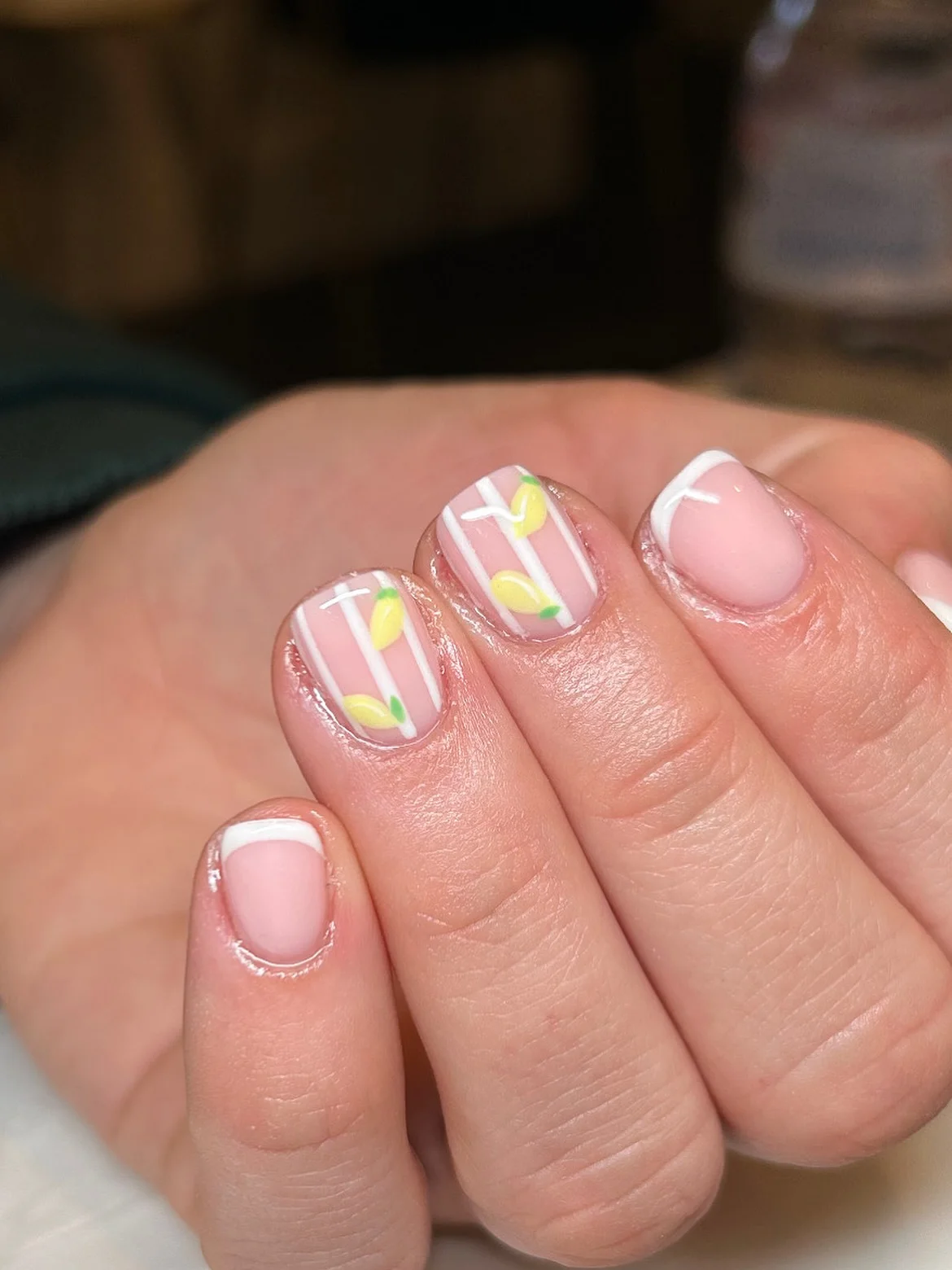short squoval nails design 2026 Lemon Stripe French For Fresh Seasonal Style