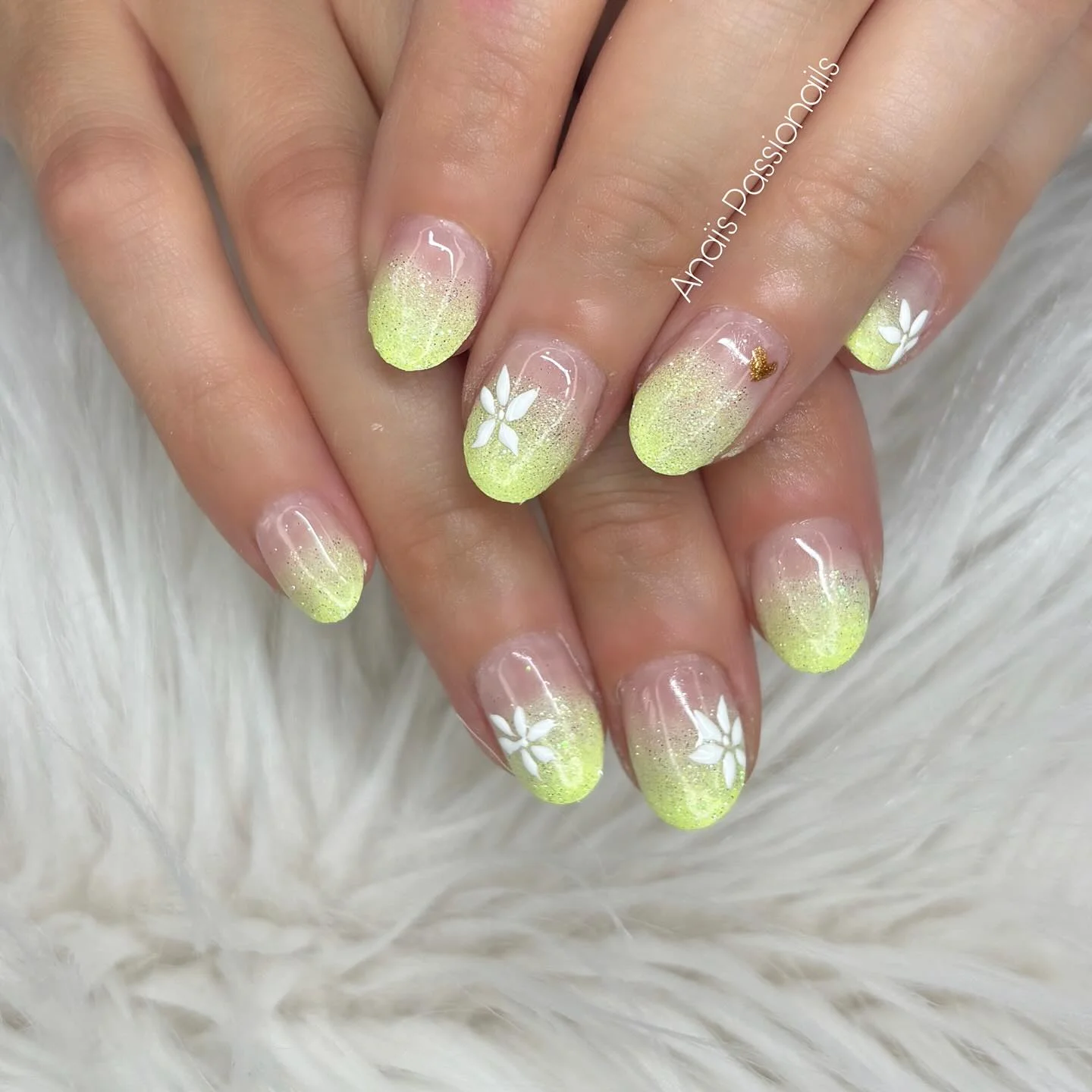summer glitter nails 2026 Soft Lime Glitter Fade With Delicate Floral Art