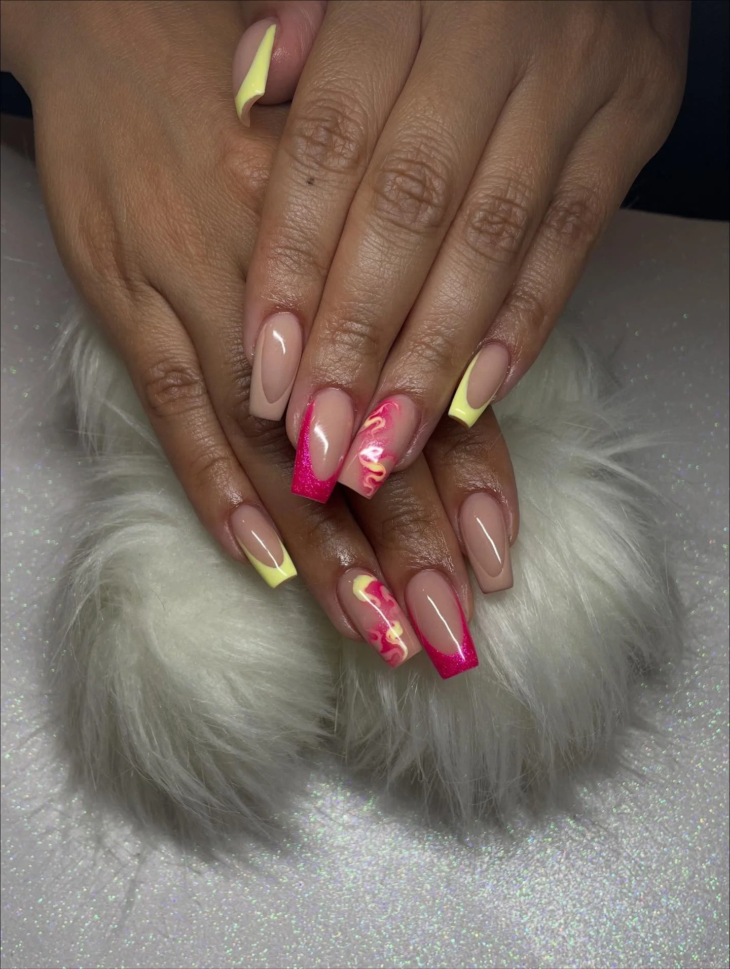 summer nails ballerina shape 2026 Pink And Yellow French Tips With Swirled Accent Art