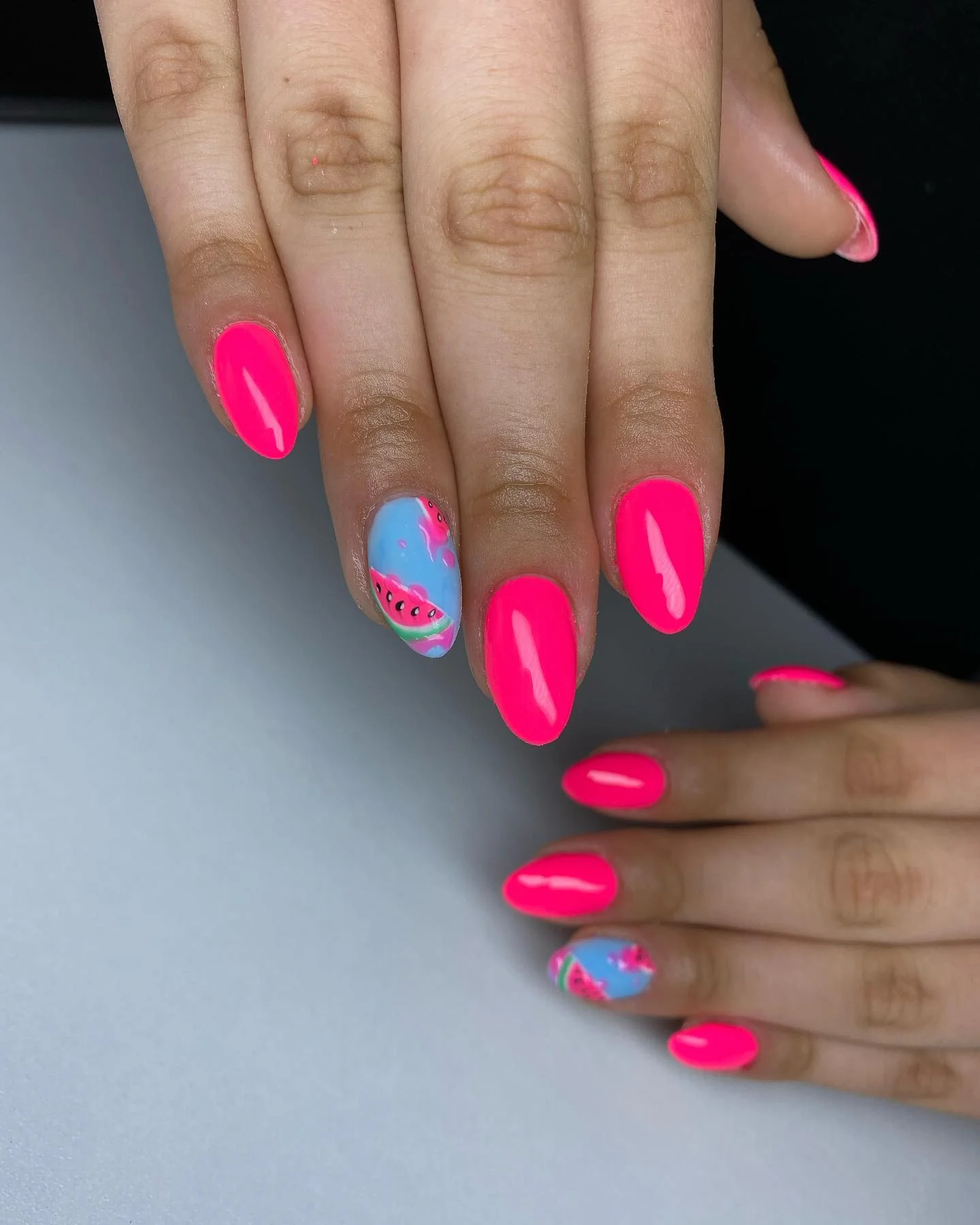summer nails watermelon 2026 Electric Pink Nails With Soft Blue Watermelon Art