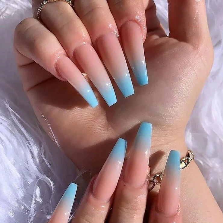 summer ombre nails 2026 Sky Blue Airbrush Ombre Coffin Nails