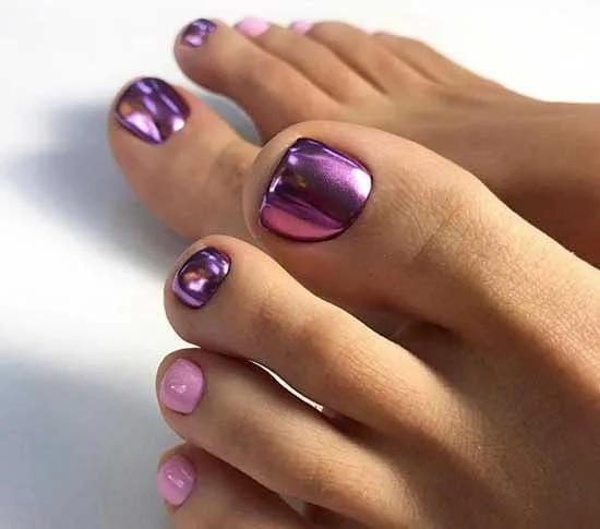 summer toe nails colors 2026 Chrome Purple And Pink Pedicure With Futuristic Shine