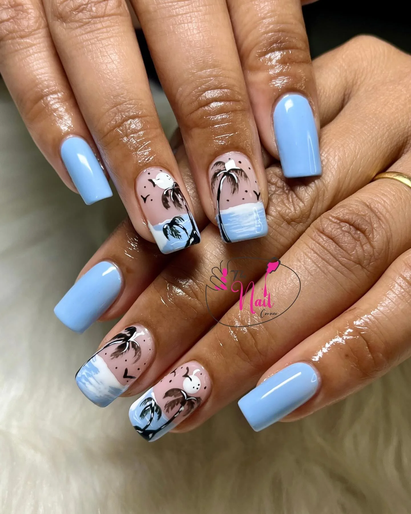 summer vacation nails 2026 Soft Blue Sunset Palm Nails