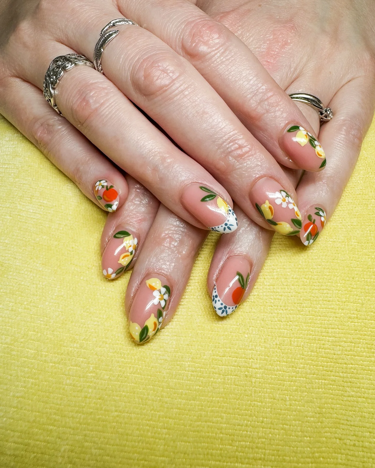 summer vibrant nails 2026 Soft Citrus Garden Nails With Delicate Floral Art
