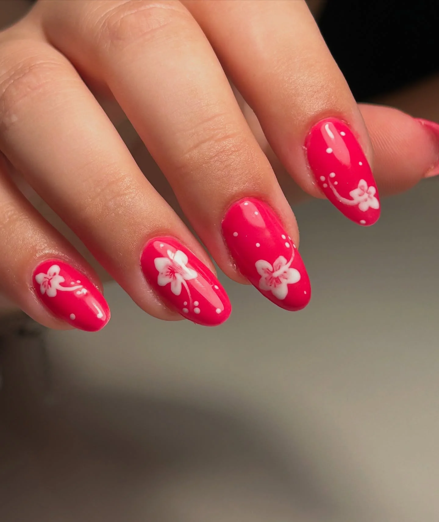 trendy summer nails 2026 Neon Hibiscus Nails With Tropical Pink Shine