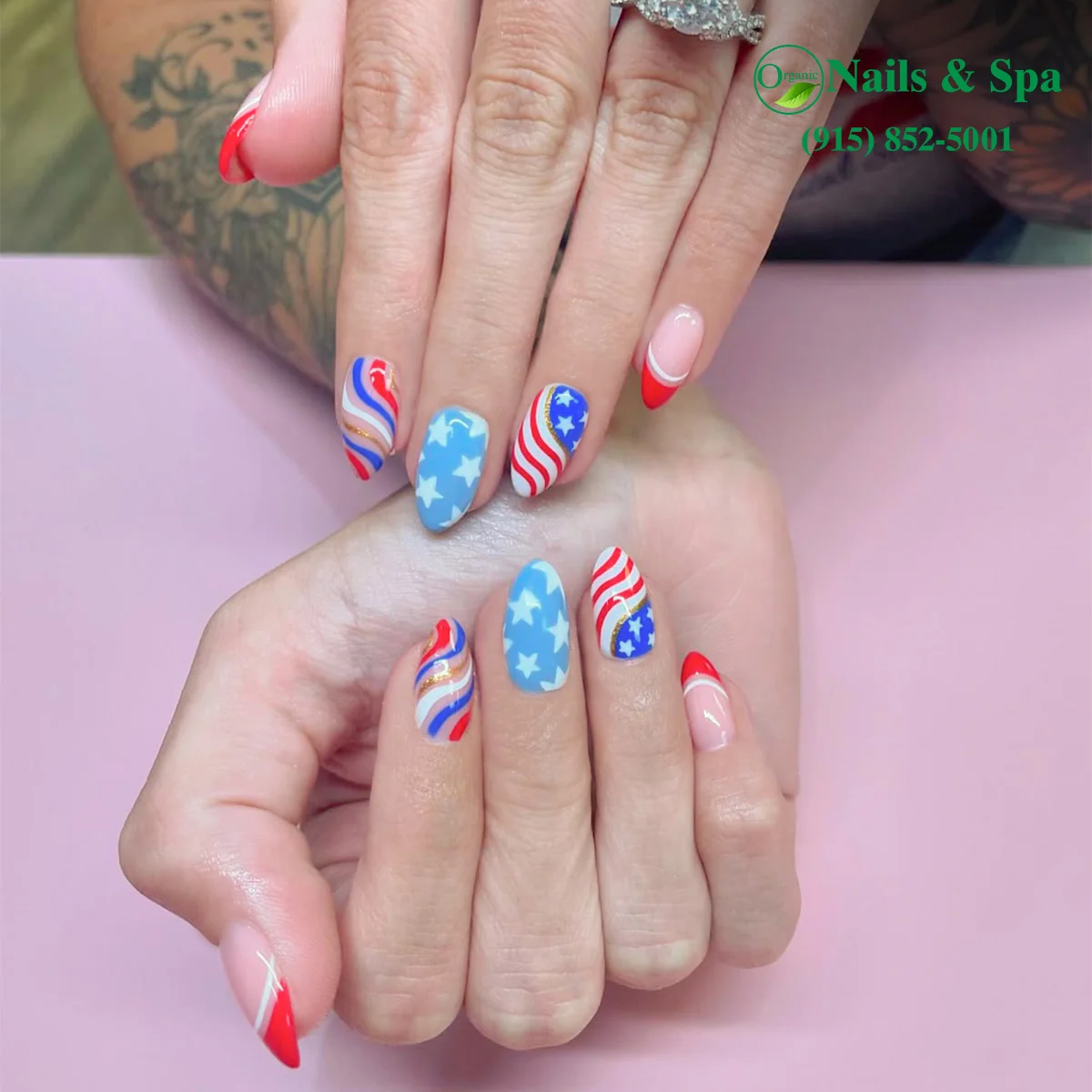 usa nails 2026 Soft Sky Blue Americana Nails With Retro Summer Swirls