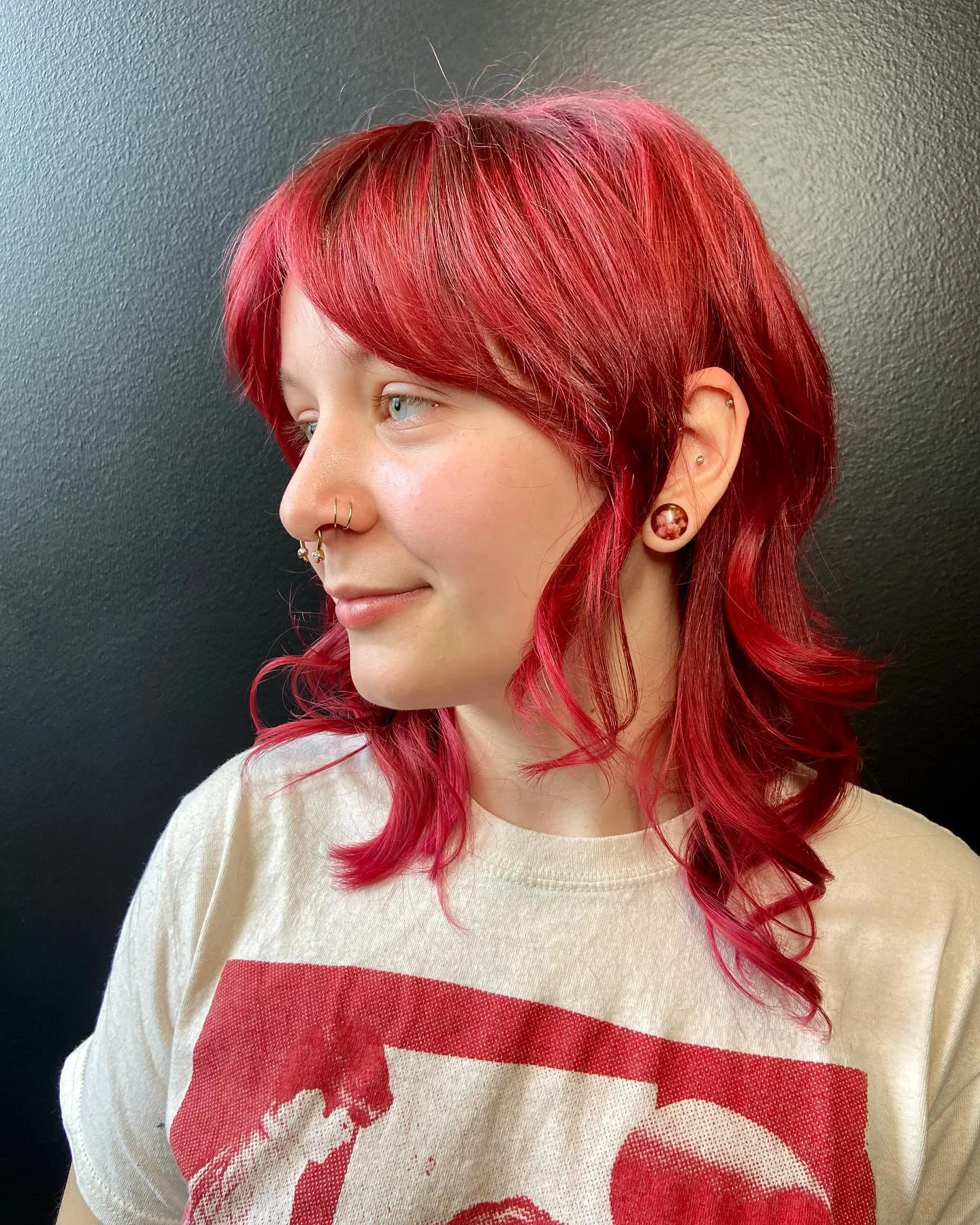 edgy summer shag hairstyle 2026 Cherry Cola Shag With Glossy Ribbon Waves