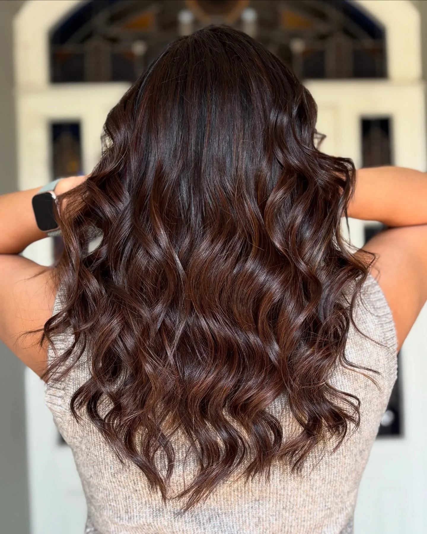 modern summer espresso brunette hair color 2026 Chocolate Espresso Waves With Luxe Summer Shine