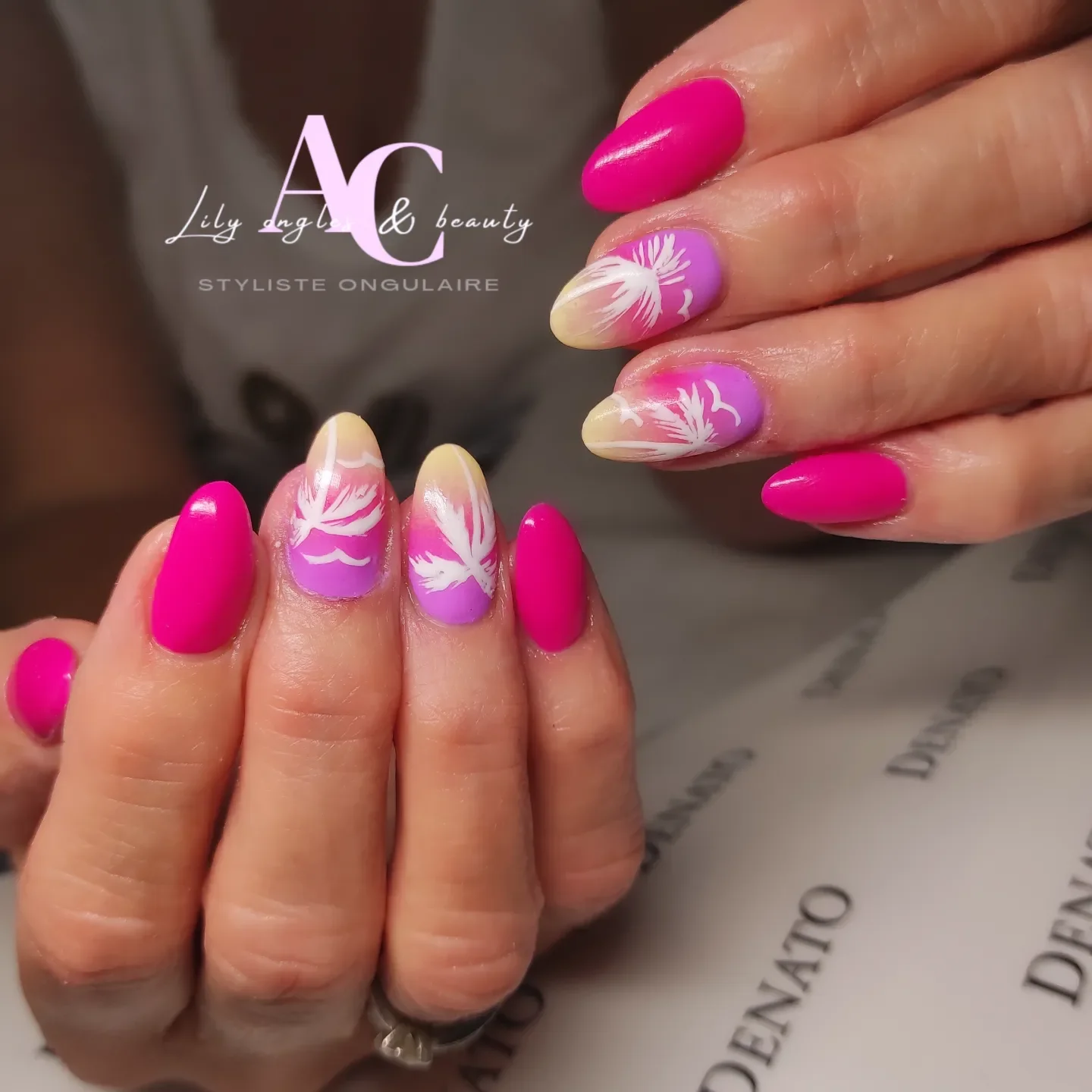 pink summer nails 2026 Tropical Sunset Palm Nails In Bright Pink