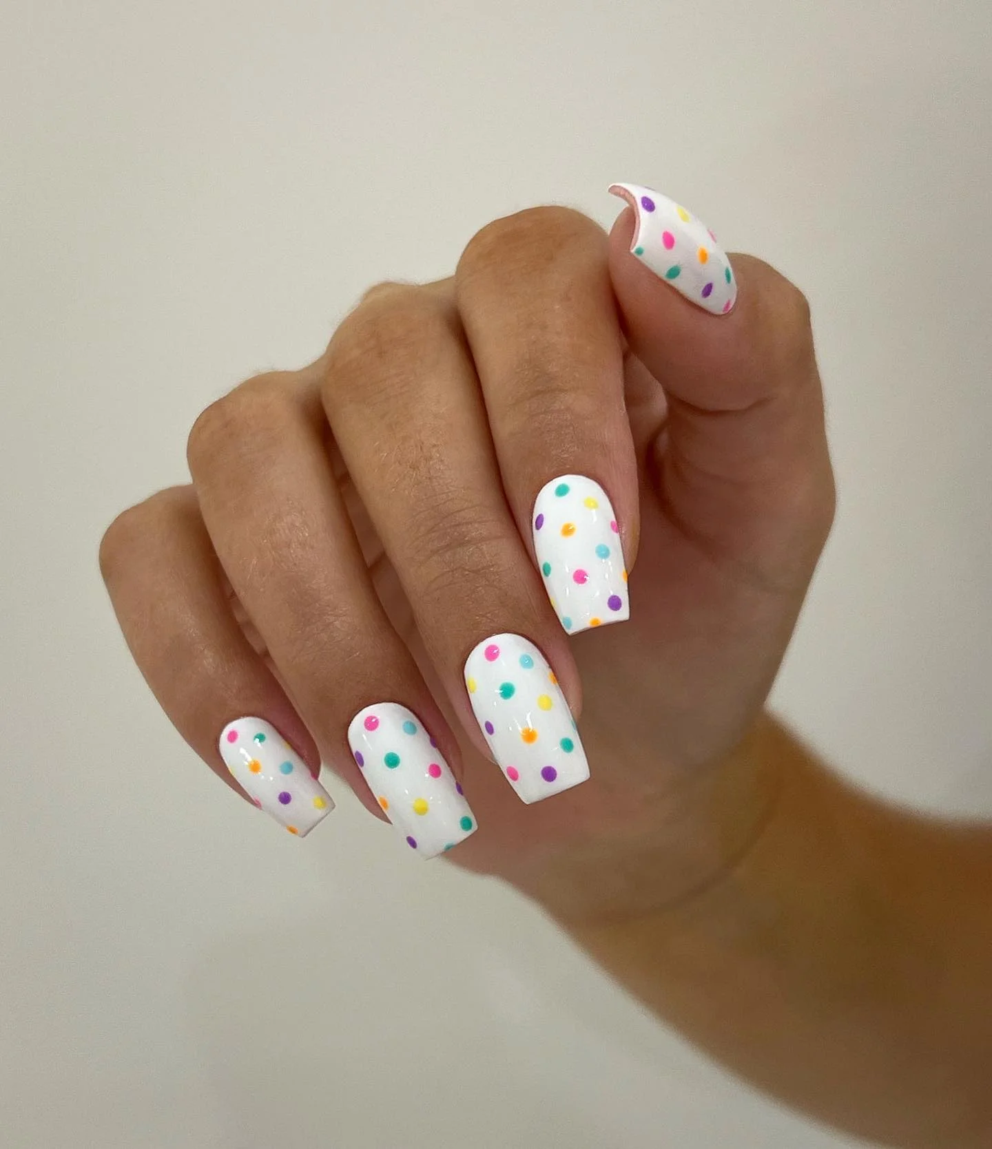 polka dot summer nails 2026 Rainbow Dot Nails With Clean White Square Tips