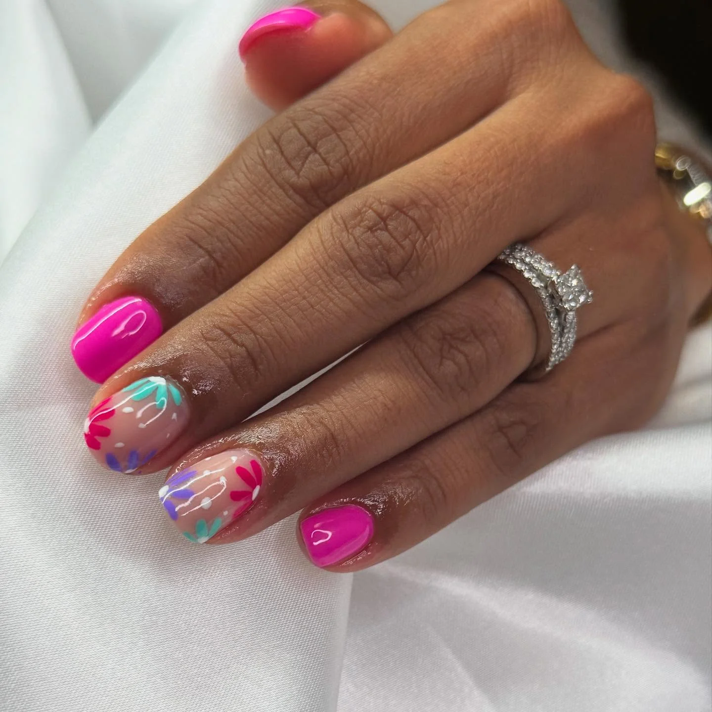 short gel nails summer 2026 Hot Pink Tropical Florals With Bright Vacation Energy