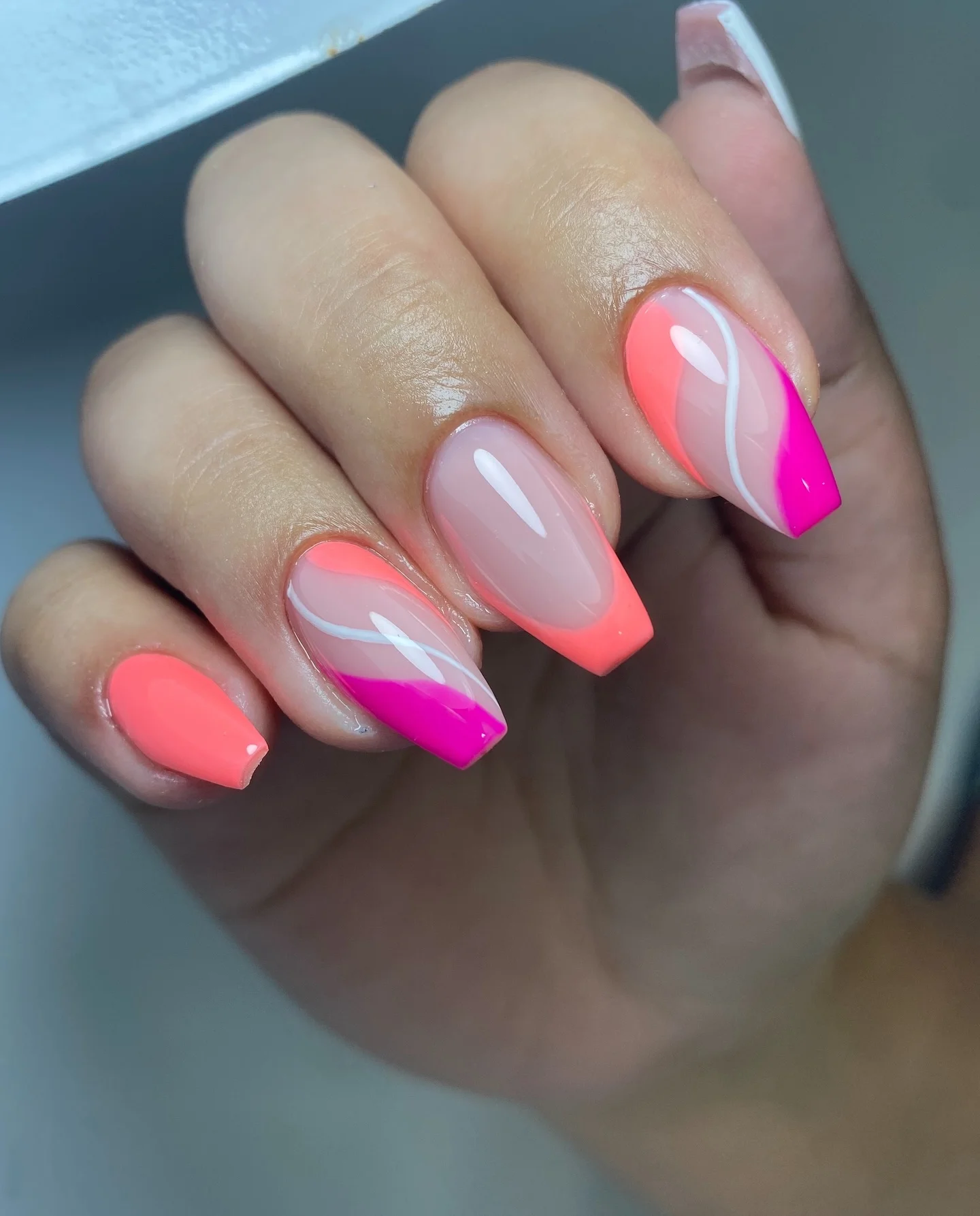summer nail inspo 2026 Electric Pink And Coral Colorblock Nails For Bold Summer Days