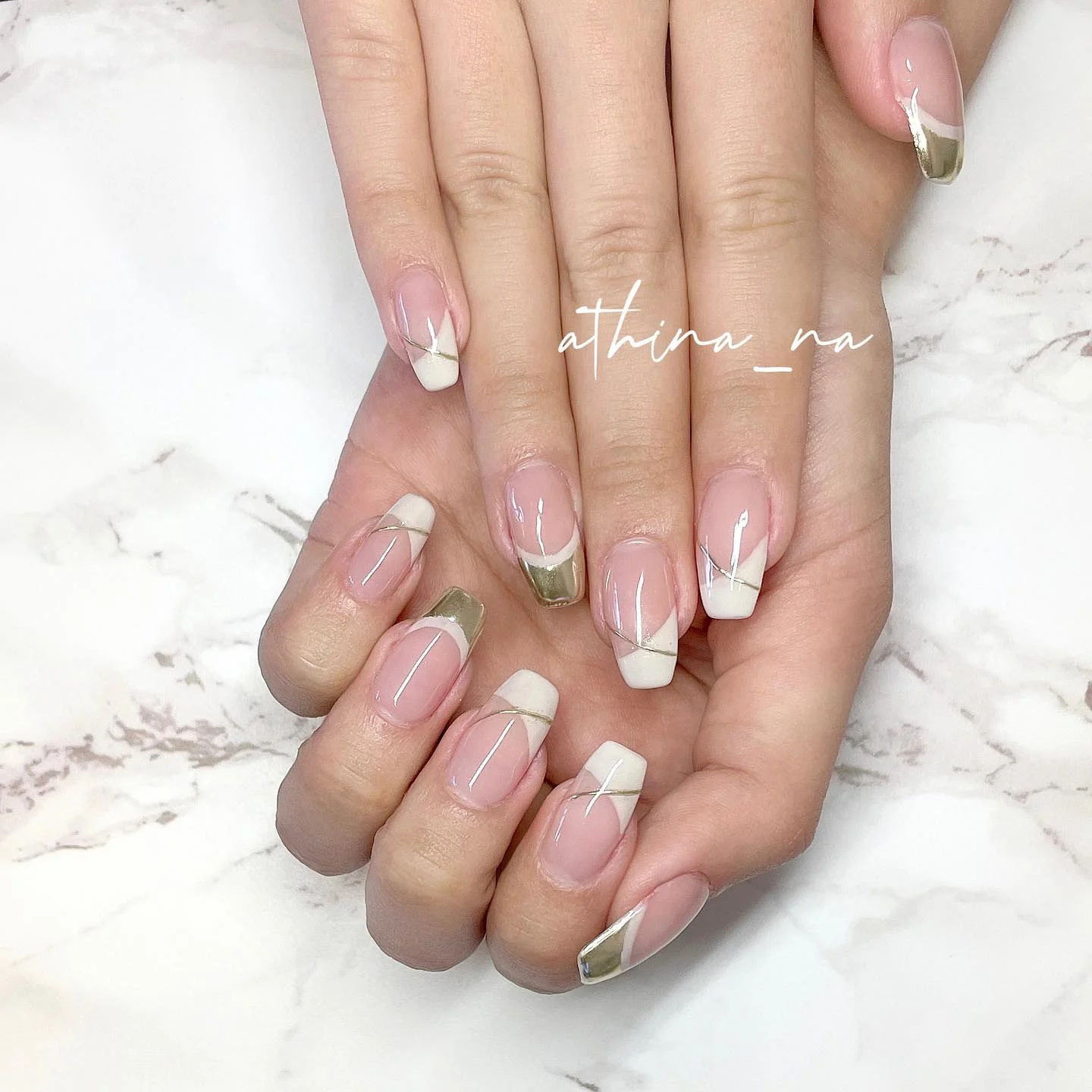 summer nails ballerina shape 2026 Minimal White And Gold French Nails With Clean Luxury Style