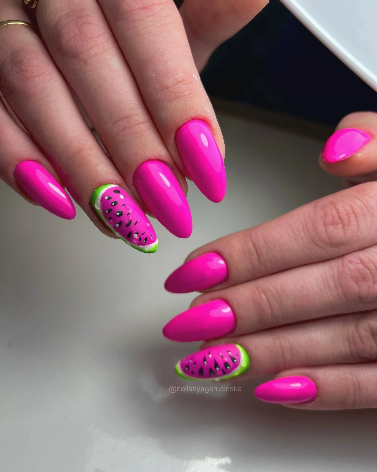 summer nails watermelon 2026 Hot Pink Almond Watermelon Nails With Juicy Fruit Details
