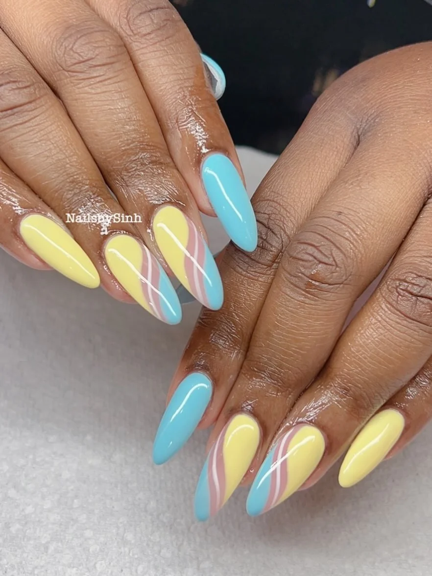 light blue summer nails Pastel Swirl Almond Nails With Retro Summer Energy