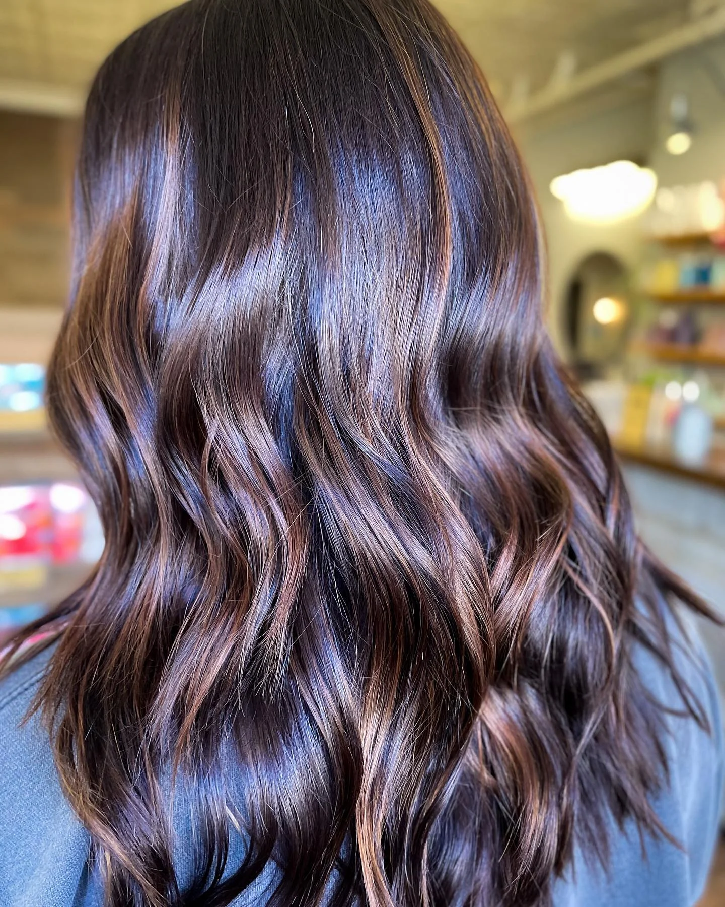 modern summer espresso brunette hair color 2026 Glossy Espresso Martini Waves With Dimensional Shine