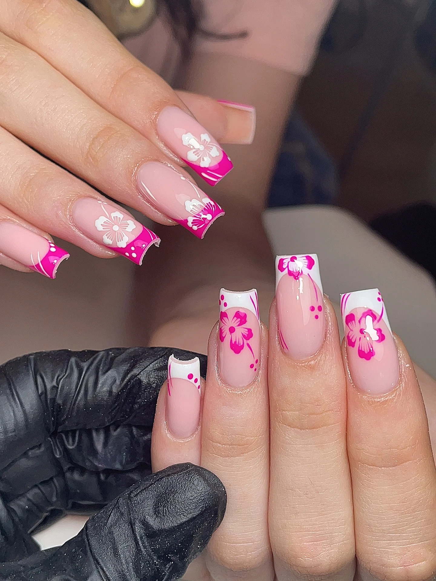 trendy summer nails 2026 Hot Pink Floral French Tips That Feel Straight Out Of Y2K Summer