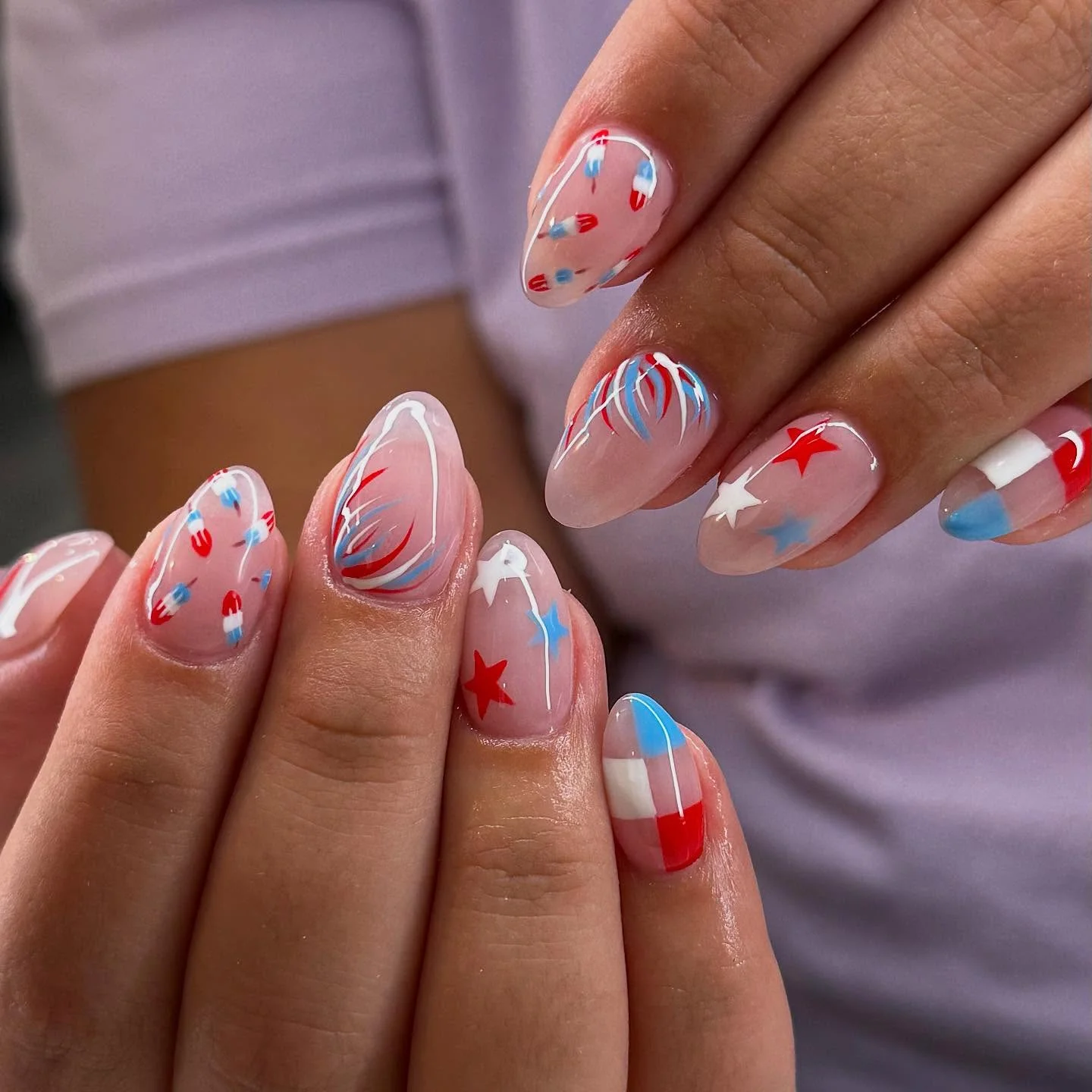 4th of july nails 2026 Airy Firework Swirl Nails With Sheer Pink Base